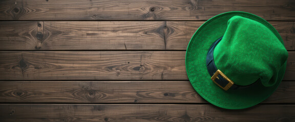 Green hat felt hat leprechaun hat holiday celebration festive costume buckle wooden background on rustic plank surface