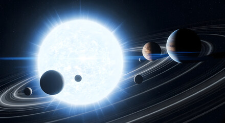 Digital image portraying a bright star radiating light, with planets orbiting and rings. The cosmos is dark and vast