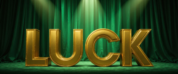 Luck gold letter stage curtain spotlight shine glow green theater Bold gold luck letter green curtain stage spotlight glow, dramatic theater