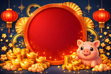 Cute pig with gold coins and lanterns for Chinese New Year
