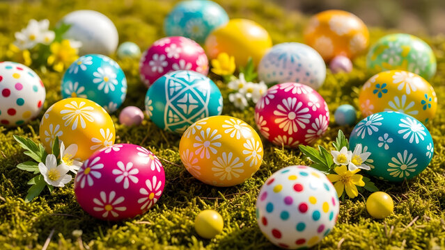 Happy easter eggs decorated in colorful patterns on green grass - Powered by Adobe