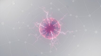 A glowing pink plasma ball surrounded by electric arcs against a light grey background.