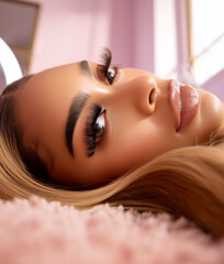 Relaxed Glamorous Woman Lying on Pink Fur Beauty Lifestyle Soft Glam Portrait