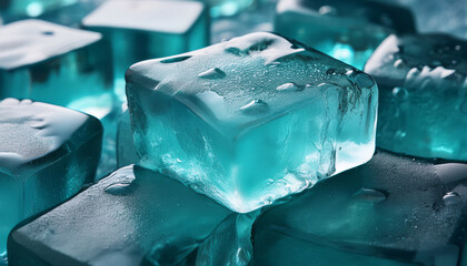 Unique Teal Ice Cubes Resting On Crystalline Ice Creating A Refreshing Aesthetic For Drinks Or Desserts