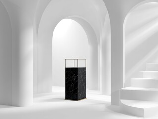 Fototapeta premium Minimalist architectural interior with display case and archways