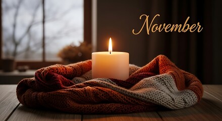 Lit candle on cozy winter scarf warm ambient lighting holiday season