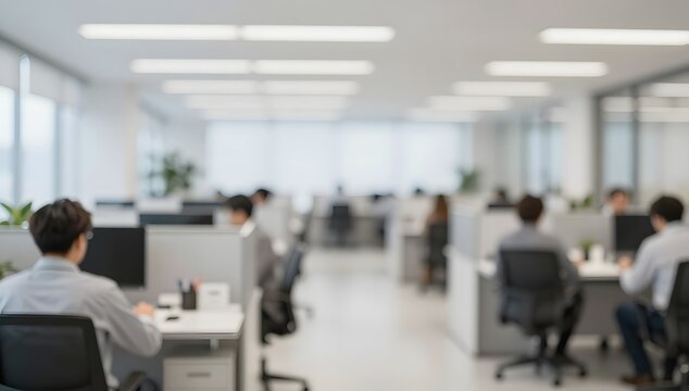 Blurred background of office shows people working at desks in cubicles, creating a sense of productivity