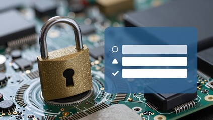 Padlock and login screen hover above a circuit board symbolizing digital security