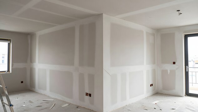 Interior drywall installation shows progress in a room with a window and balcony door