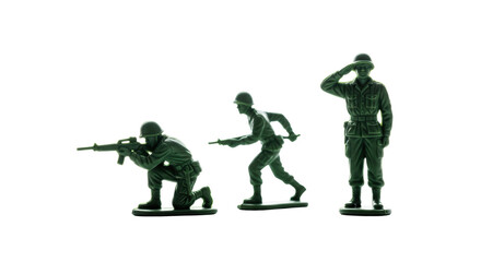 macro shot of three classic army-green plastic toy soldiers (aiming, running, saluting) with visible plastic texture, isolated on transparent with deep shadows and copy space. Nostalgia of childhood