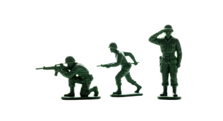 macro shot of three classic army-green plastic toy soldiers (aiming, running, saluting) with visible plastic texture, isolated on transparent with deep shadows and copy space. Nostalgia of childhood