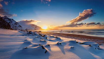 Sunrise On A Snow Covered Beach