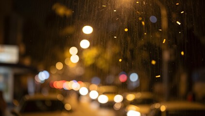 Rainy city street shines with blurred and colorful lights in the dark night