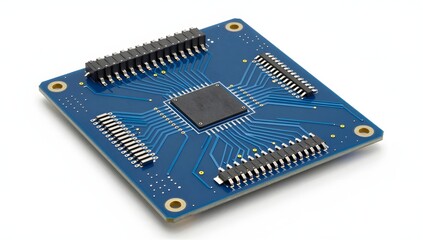 Close up shot of a modern blue microchip board on a white surface