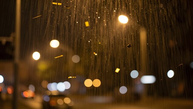 Heavy rainfall and wind scatters yellow confetti in the night city, illuminated by streetlights