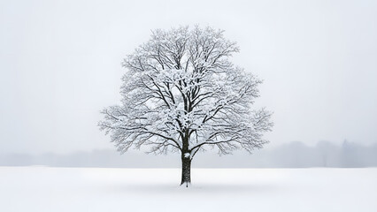 Solitary snowy tree in stark winter landscape. Suitable for winterthemed designs, greeting cards, calendars, and naturethemed content.