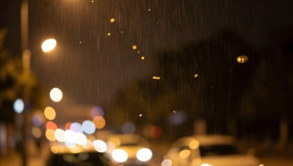 Rain streaks down on a blurry night street scene with car headlights and streetlights