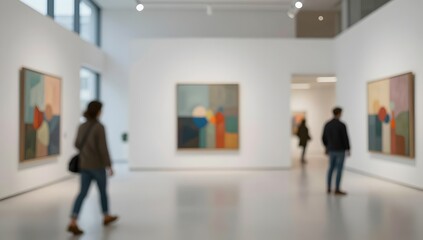 Fototapeta premium People admiring colorful abstract paintings in a modern art gallery