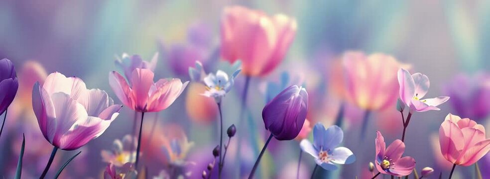 beautiful spring background with colorful flowers, pastel colors of pink and purple, panoramic banner with an empty center for text Generative AI