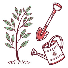 A young plant growing alongside gardening equipment for cultivation