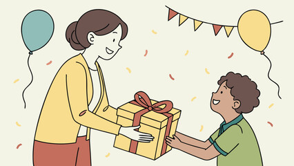 Warm Gesture of Giving a Birthday Present to a Small Child