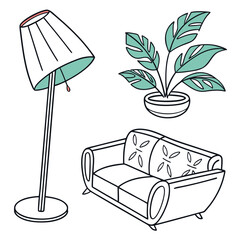 Minimalist home interior decor elements with furniture and houseplant vector illustration