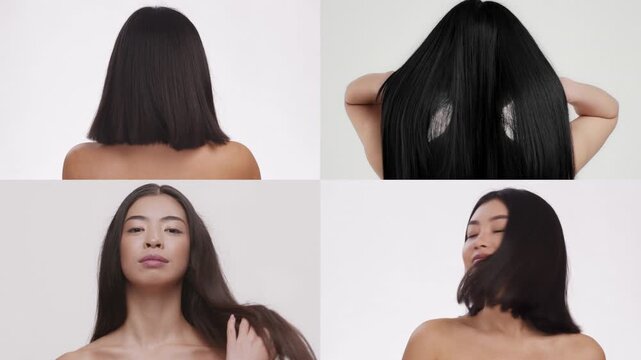 This collection features Asian women engaging in a pampering hair care routine. Each segment captures unique beauty moments that emphasize calmness and self-care.