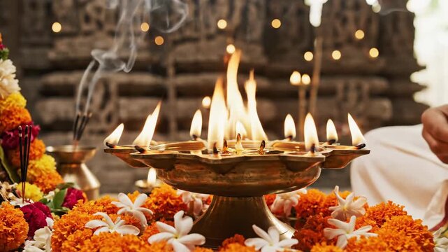 A close-up shot of a brass oil lamp with multiple flames, surrounded by flowers, likely during a religious ceremony.