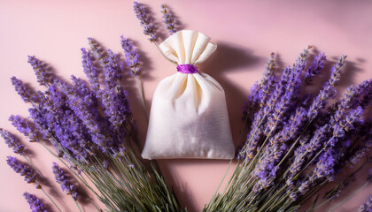 Herbal Sachet Surrounded By Fresh Lavender In A Serene Flat Lay Composition With Gentle Shadows