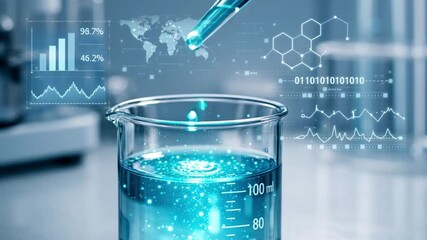 Biotechnology laboratory medical research blue liquid chemistry glass beaker experiment pipette dropper analysis innovation futuristic data science digital interface abstract concept - Powered by Adobe