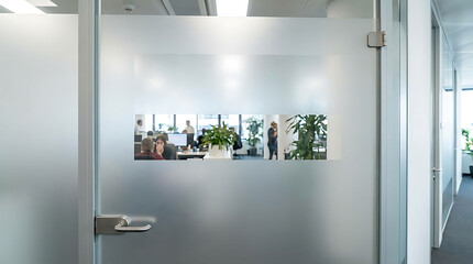 Modern Office Door with Frosted Glass and Cityscape Art.