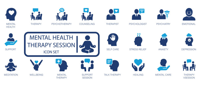 Mental health and therapy session icon set featuring counseling, psychotherapy, stress relief, anxiety, depression, meditation, emotional support, and wellness psychology symbols.