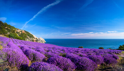 Lavender Fields Under A Bright Blue Sky Near The Ocean