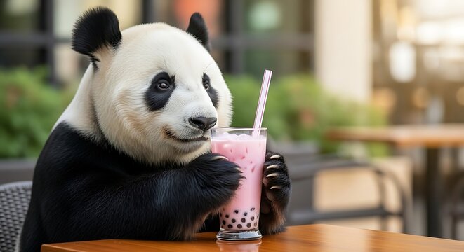 Panda bear enjoying pink bubble tea.