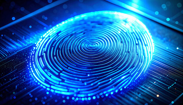 Cybernetic Fingerprint: A digital representation of a fingerprint glows with futuristic light, emphasizing concepts of security, identity, and the digital world. - Powered by Adobe