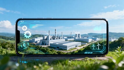 Smartphone displaying industrial facility with green tech overlays