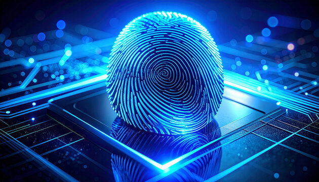 Digital fingerprint security: A glowing, digital fingerprint rests on a circuit board, evoking themes of modern technology, identity, and security. - Powered by Adobe