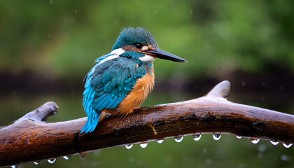 On A Rain Soaked Branch Beside A Quiet Creek An Azure Kingfisher Huddles With Its Feathers Slightly Fluffed