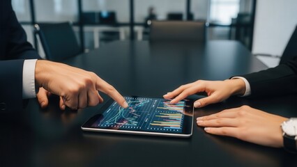 Hands interacting with a digital tablet displaying a futuristic interface on a sleek, modern conference table