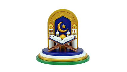 Islamic Celebration Display with Quran, Mosques, and Crescent Moon