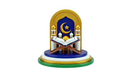 Islamic Celebration Display with Quran, Mosques, and Crescent Moon
