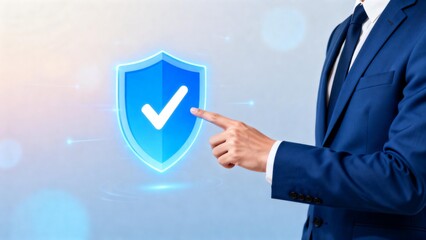 Businessman pointing at digital shield icon