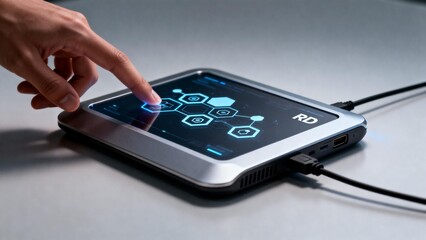 Hand interacting with futuristic touch screen device