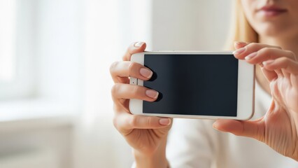 Close-up of hands holding a smartphone with blank screen in a bright indoor setting