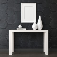 Minimalist white table and decor in modern interior with picture frame