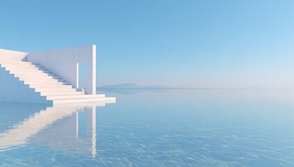 Minimalist white staircase structure reflecting in tranquil blue water under clear sky