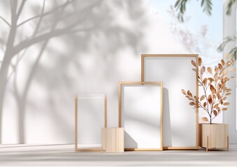 Minimalist wooden frames mockup with plant sunlight and shadows on wall