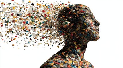 Human form made of plastic bits dissolving on white background. Use this image to illustrate pollution and environmental concerns.