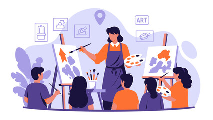 Art class with teacher instructing students painting.