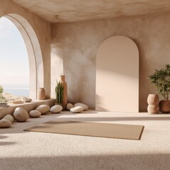 Minimalist yoga studio interior with neutral tones and natural light